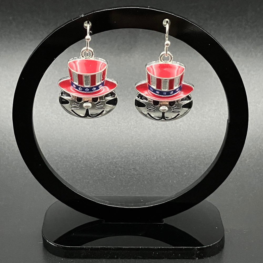 Patriotic Cat Drop Earrings Silver Tone Uncle Sam Hat Red White Blue Americana - Picture 4 of 7